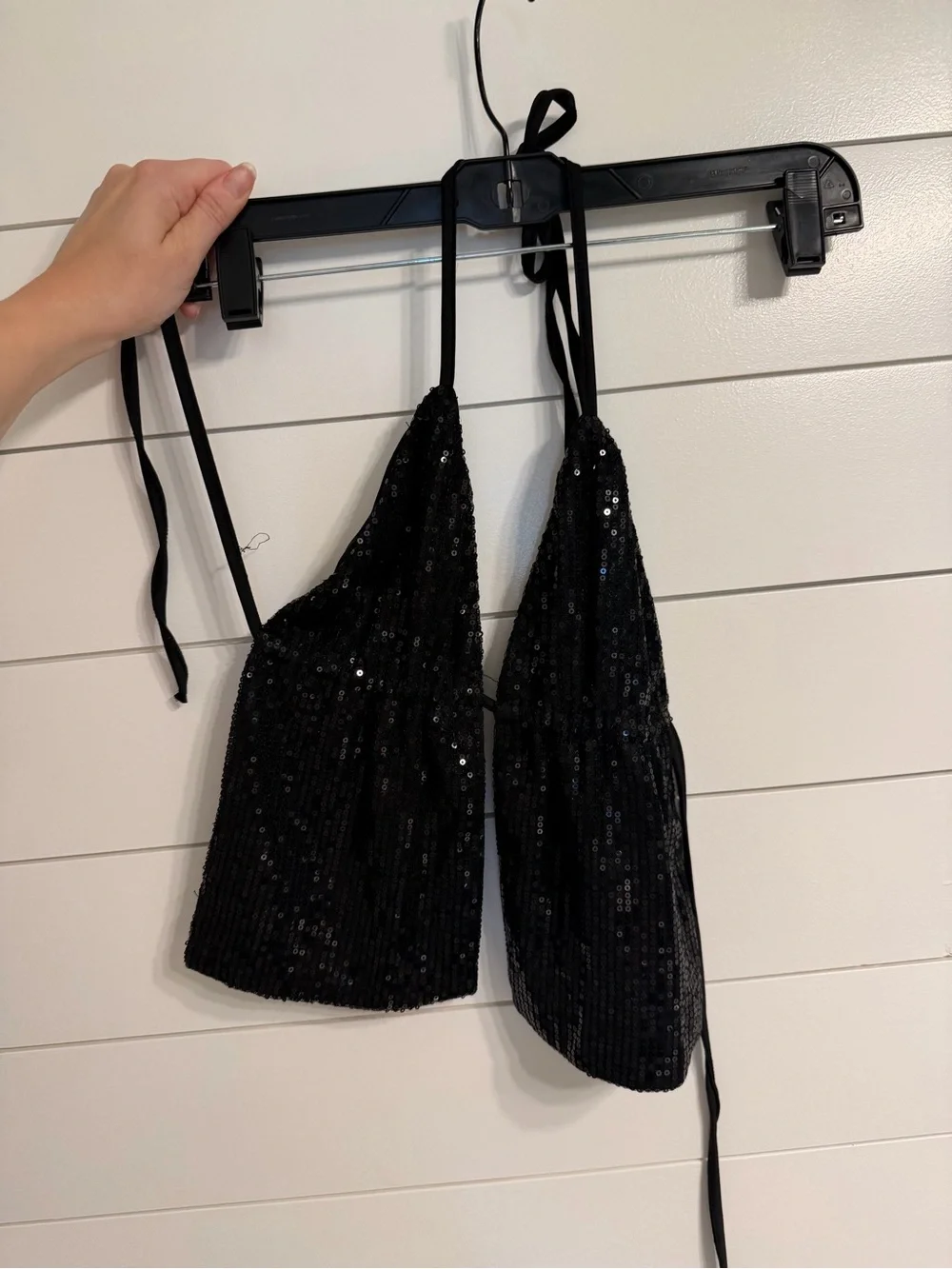 Edikted Black Sequin Halter Crop Top with Pink Logo Patch - Picture 3 of 5